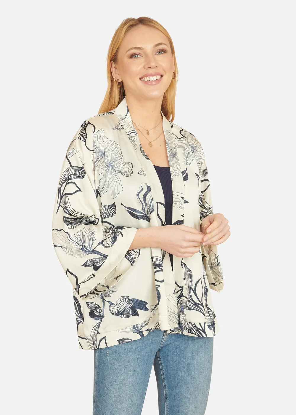 Yumi Ivory Abstract Floral Print Kimono - 14 Image 2