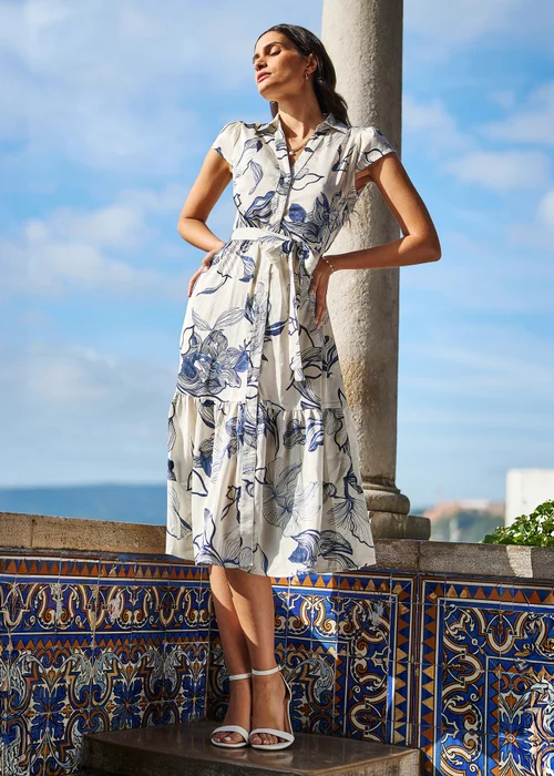 Yumi Ivory Abstract Floral Midi Shirt Dress - 12 Image 1