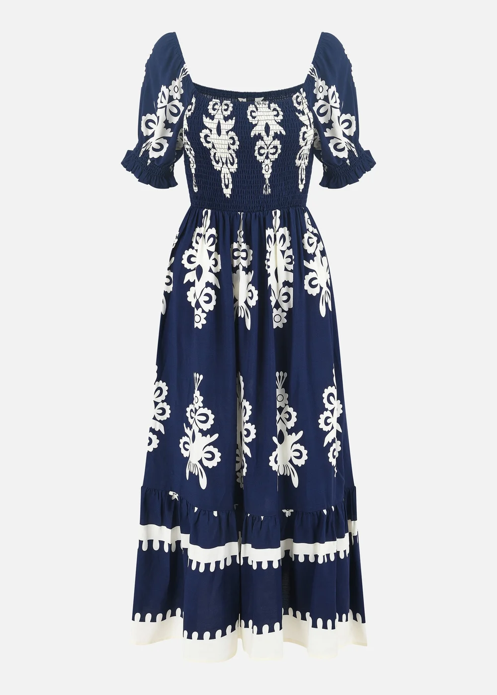 Yumi Navy Block Print Viscose Ruched Midi Dress - 10 Image 3