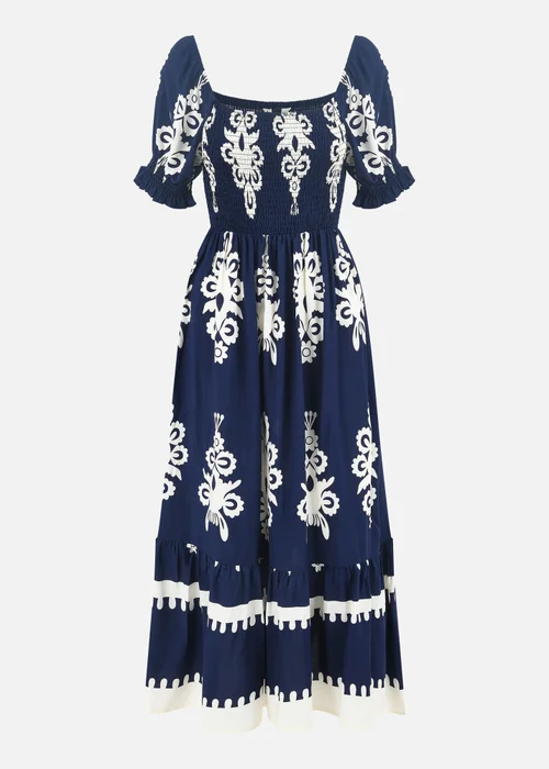 Yumi Navy Block Print Viscose Ruched Midi Dress - 12 Image 3
