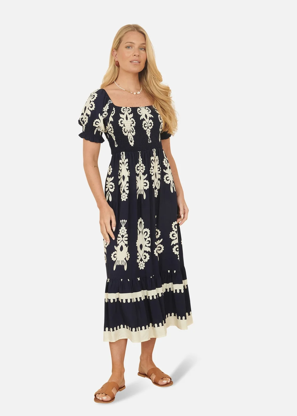 Yumi Navy Block Print Viscose Ruched Midi Dress - 12 Image 1