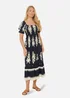 Yumi Navy Block Print Viscose Ruched Midi Dress - 12 Image 1