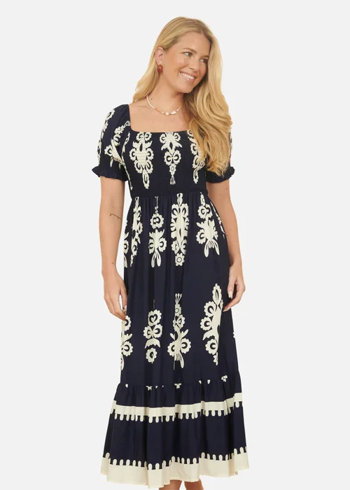 Yumi Navy Block Print Viscose Ruched Midi Dress - 12 Image 2