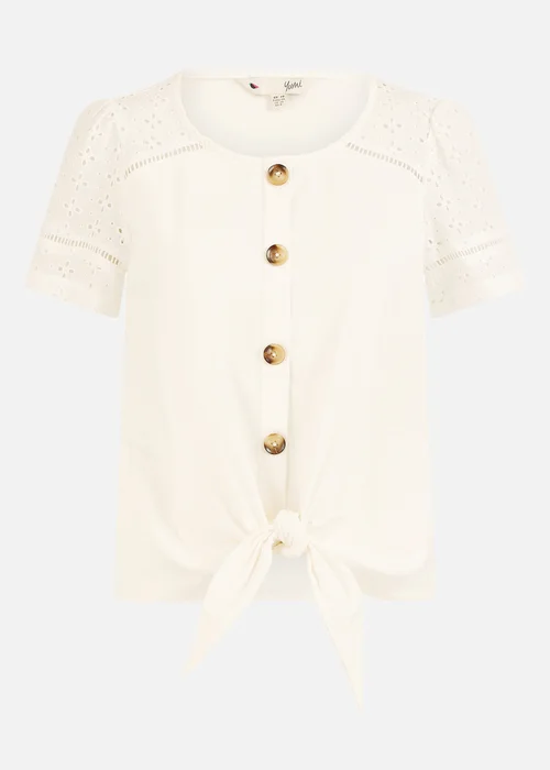 Yumi White Jersey Button Detail T Shirt With Broderie Anglaise Sleeves & Tie Front - Size 8 Image 3