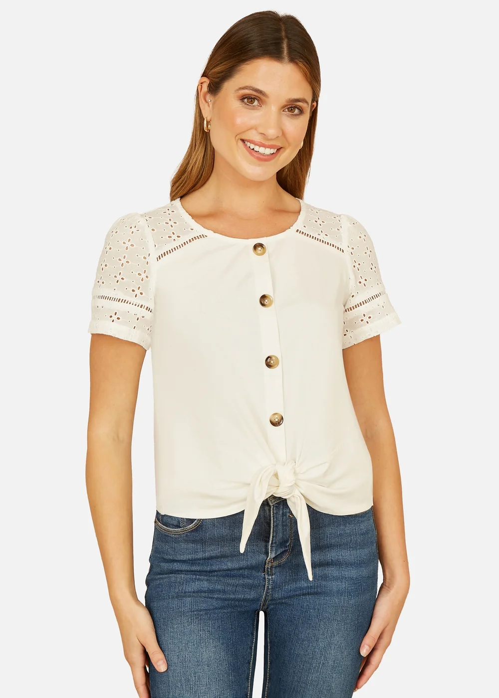 Yumi White Jersey Button Detail T Shirt With Broderie Anglaise Sleeves & Tie Front - Size 8 Image 2