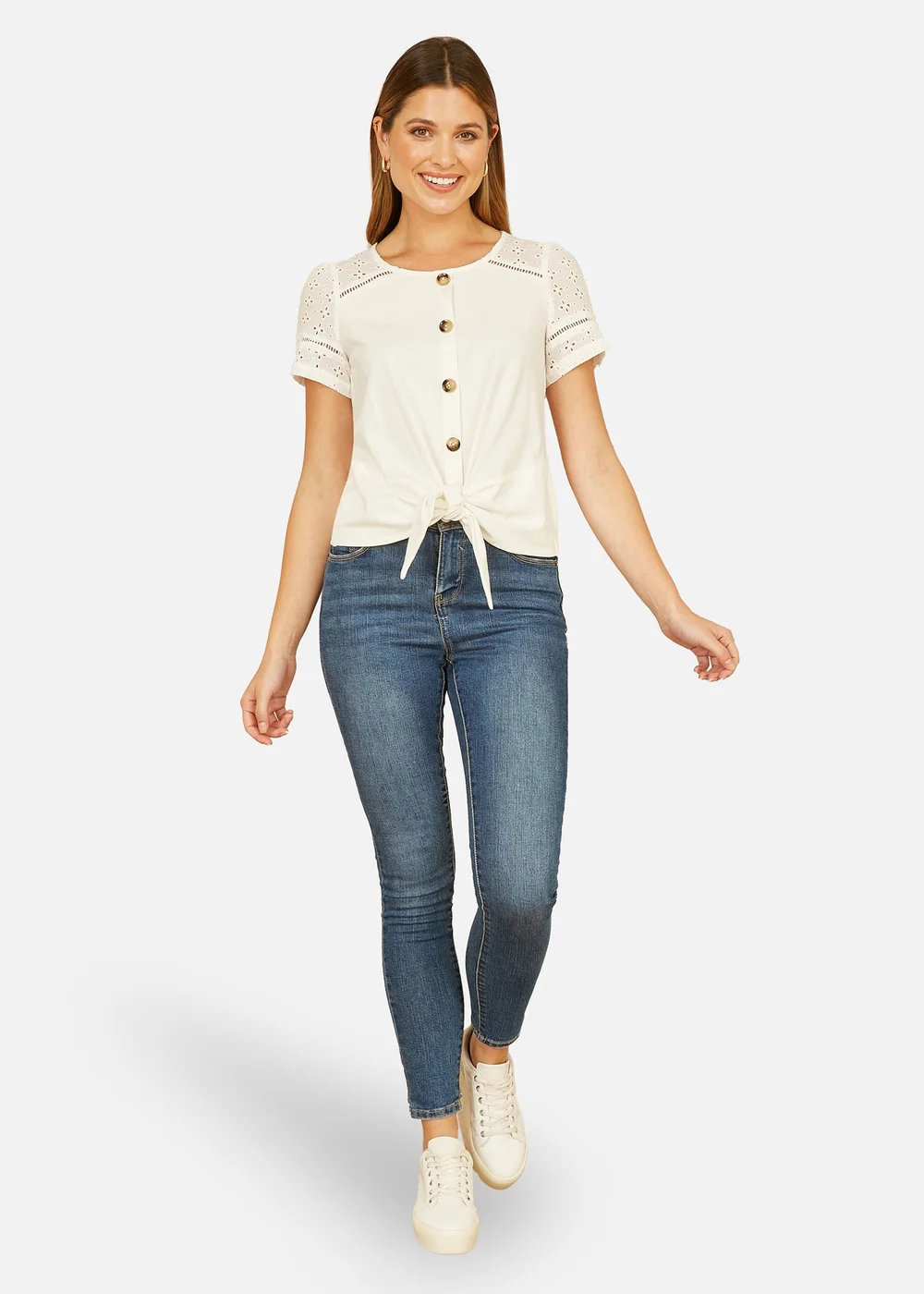 Yumi White Jersey Button Detail T Shirt With Broderie Anglaise Sleeves & Tie Front - Size 8 Image 1