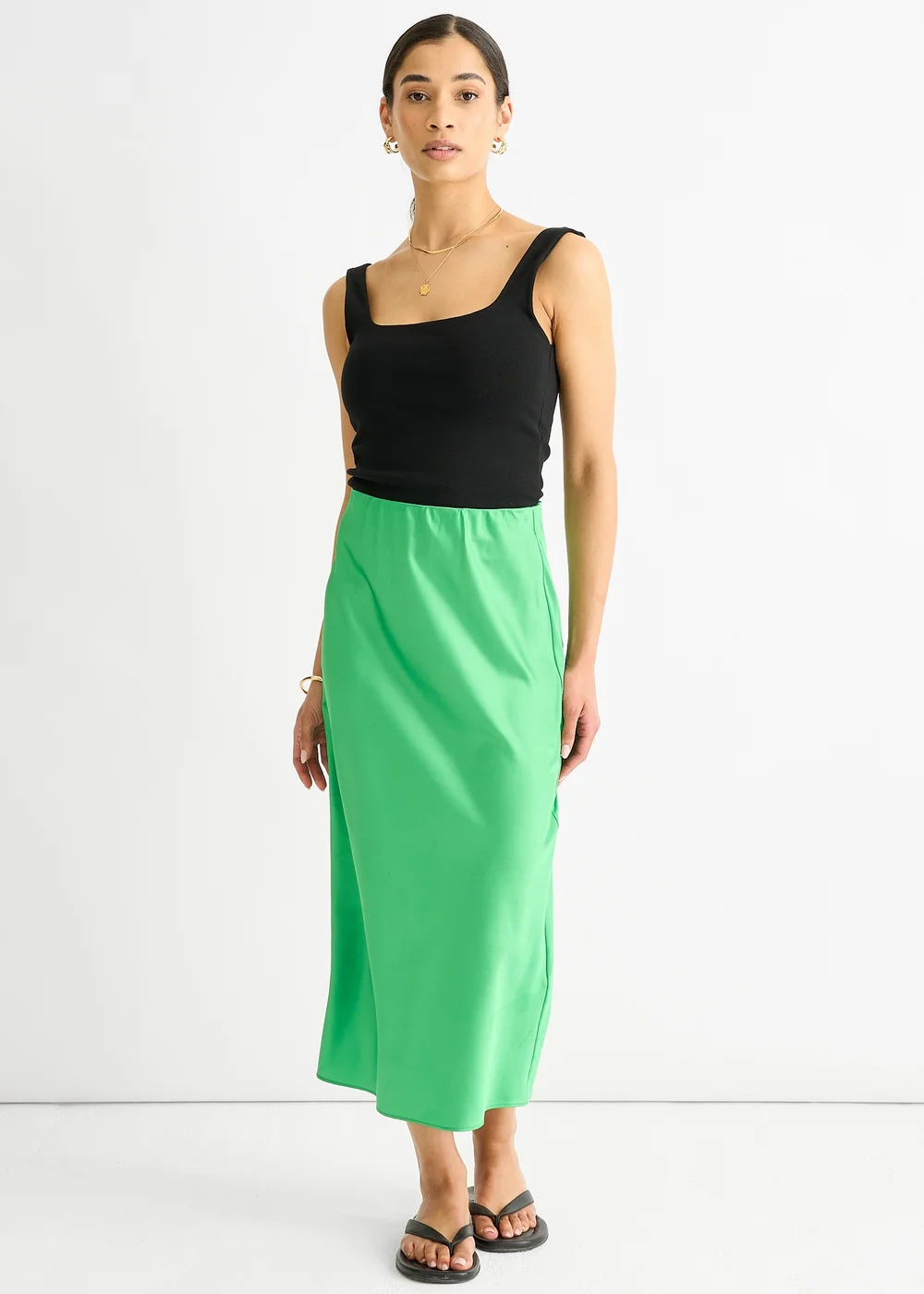 Gini London Green Satin High Waist Midi Skirt - Size 14 Image 1
