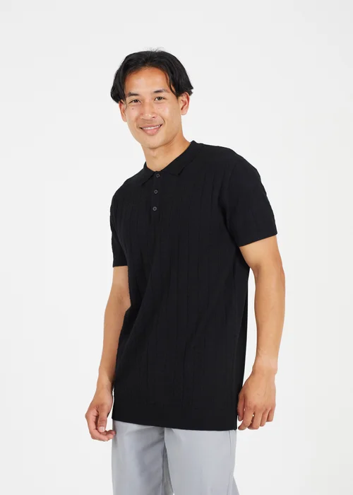 Brave Soul Black Short Sleeve Knitted Polo Shirt - M Image 1
