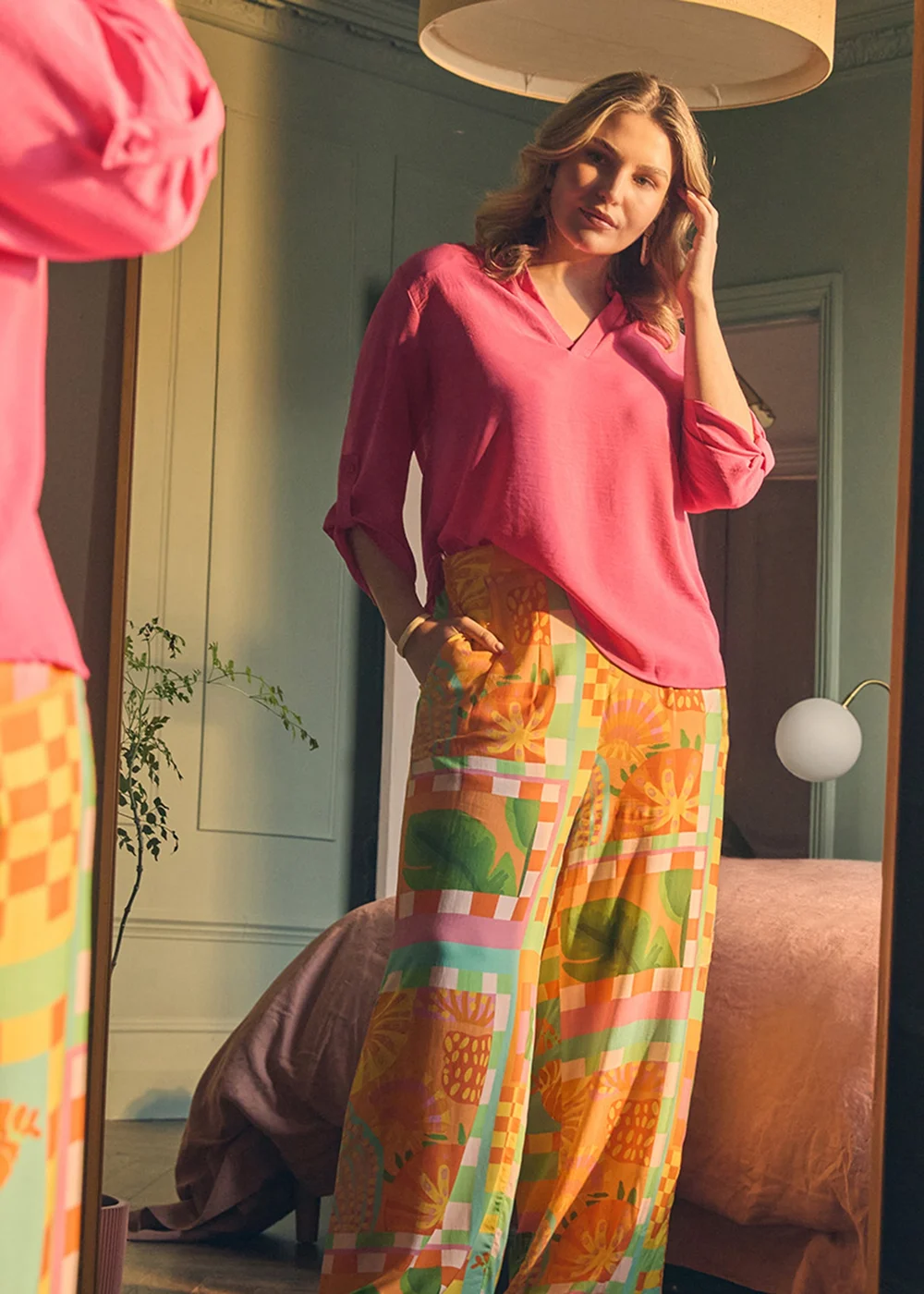 Izabel London Orange Tropical Tile Print Wide Leg Trousers - 12 Image 2