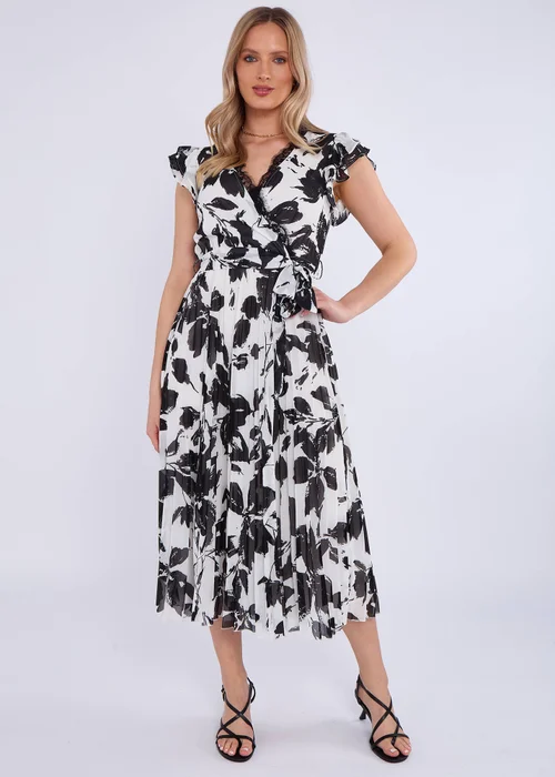 Gini London Black/White Lace Trim Mono Pleated Wrap Midi Dress - 16 Image 1