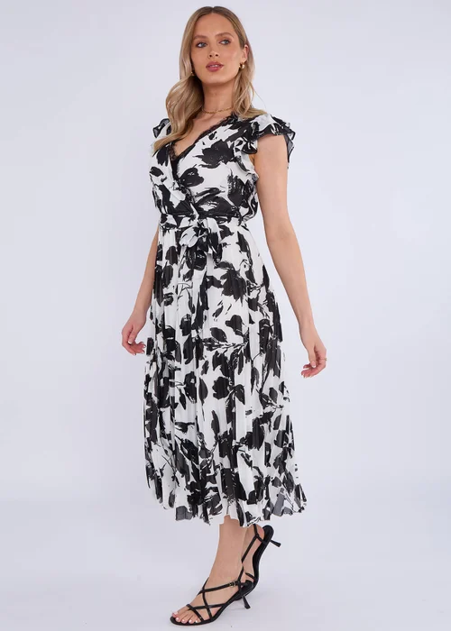 Gini London Black/White Lace Trim Mono Pleated Wrap Midi Dress - 16 Image 4