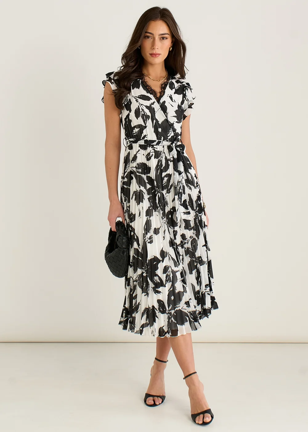 Gini London Black/White Lace Trim Mono Pleated Wrap Midi Dress - 10 Image 1