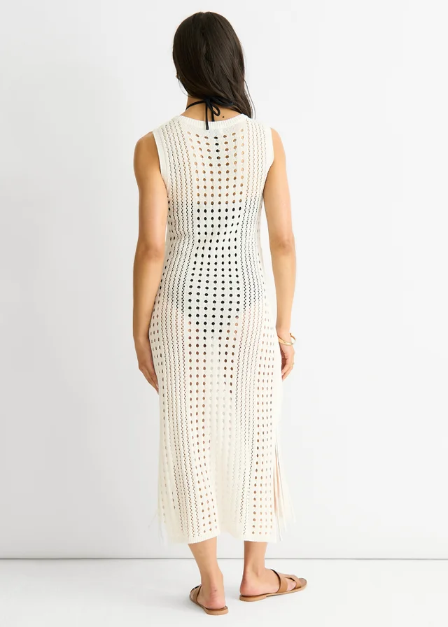 Gini London White Crochet Knit Bodycon Midi Dress