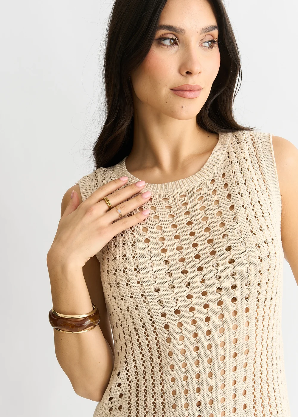 Gini London Beige Crochet Knit Bodycon Midi Dress - 10 Image 3