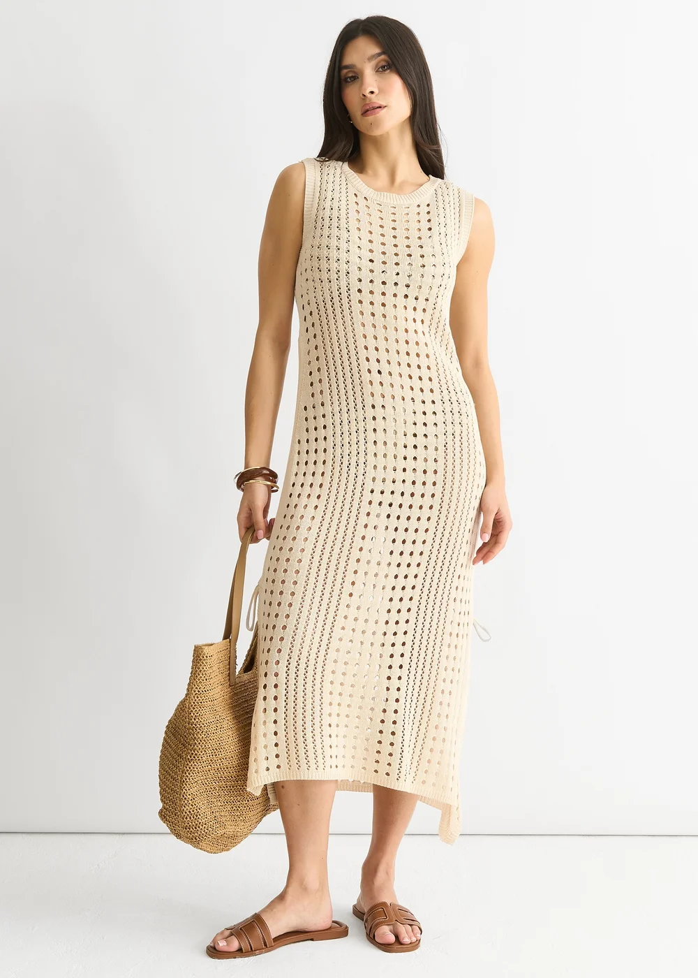 Gini London Beige Crochet Knit Bodycon Midi Dress - 12 Image 1
