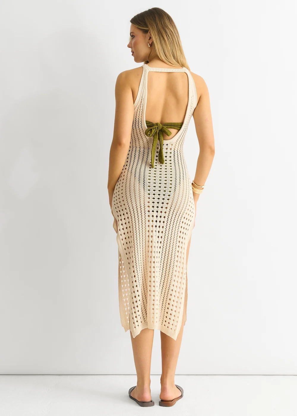 Gini London Beige Crochet Knit Bodycon Slit Dress - 12 Image 2