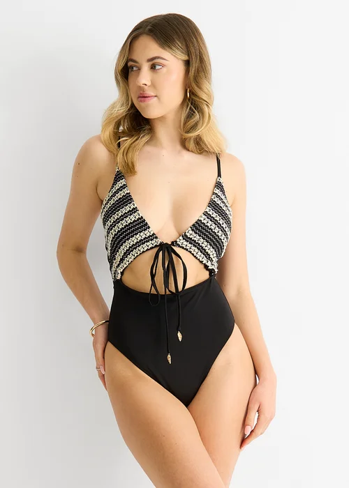 Gini London Black Crochet Textured Tie Front Cutout Swimsuit - Size 8 Image 1
