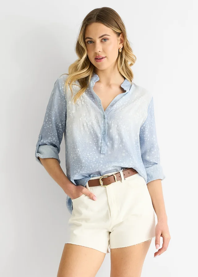 Gini London Blue Denim Look Roll Up Sleeves Oversized Top