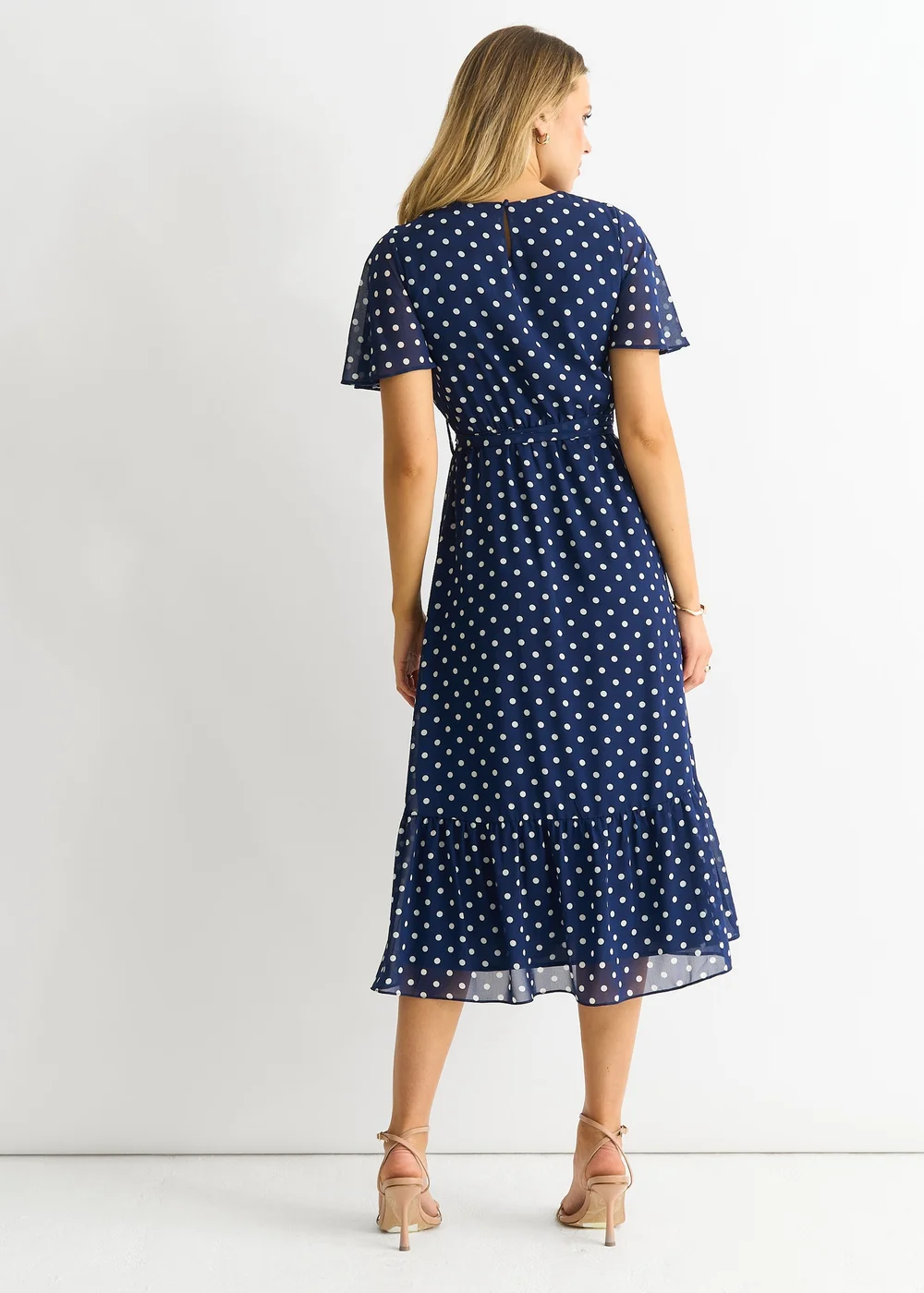Gini London Navy Spot Chiffon Angel Sleeves Midi Dress - Size 8 Image 2