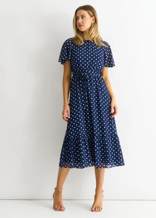 Gini London Navy Spot Chiffon Angel Sleeves Midi Dress - Size 8 Image 4