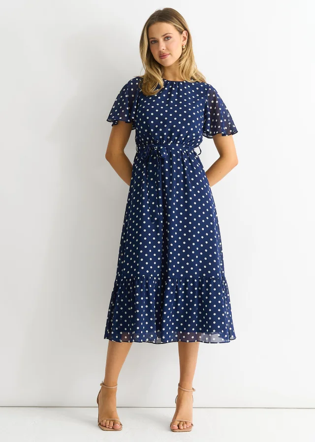 Gini London Navy Spot Chiffon Angel Sleeves Midi Dress