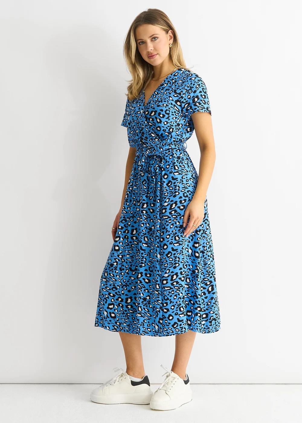 Gini London Blue Short Sleeve Animal Print Wrap Front Midi Dress - L/XL Image 1