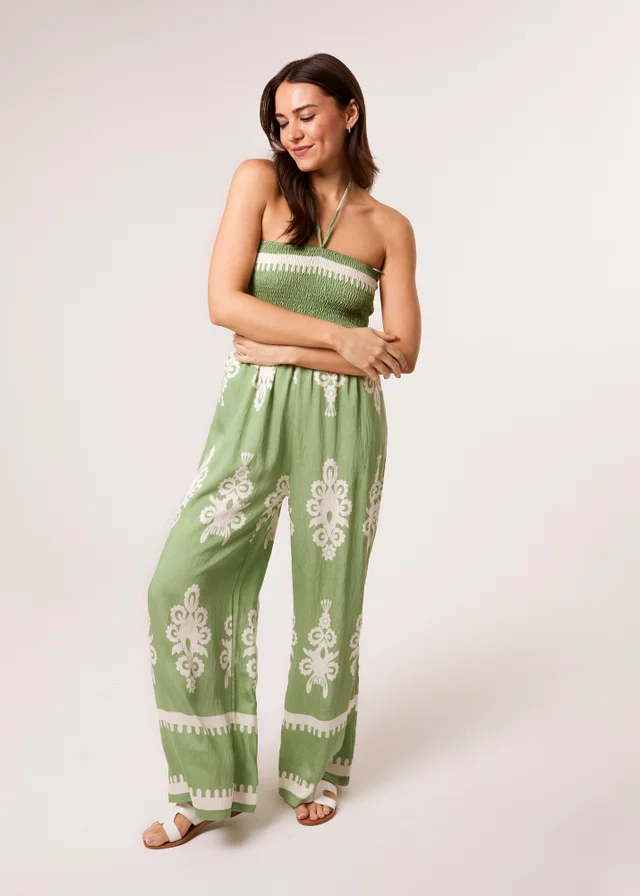 Blue Vanilla Green Strapless Shirred Waist Jumpsuit