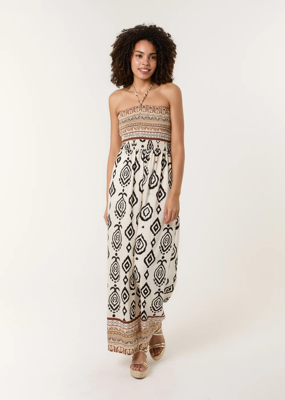 Blue Vanilla Stone Print Strapless Bandeau Shirred Jumpsuit - S/M Image 1