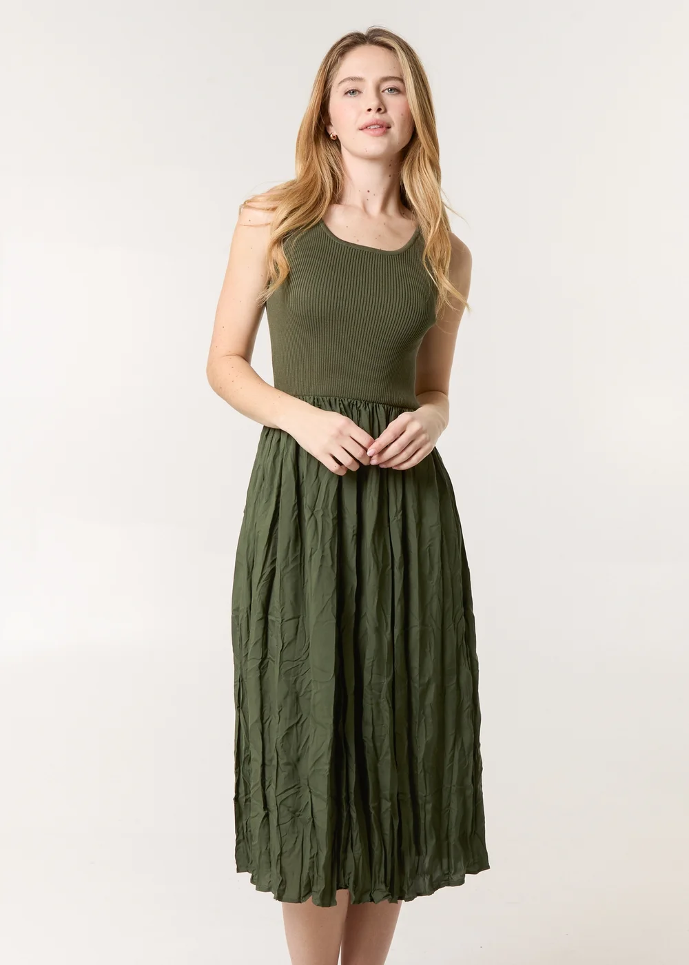 Blue Vanilla Khaki Round Neck Crinkled Dress - One Size Image 2