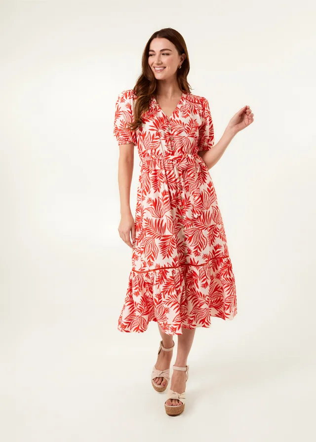 Blue Vanilla Orange Coconut Button Front Betlted Midi Shirt Dress