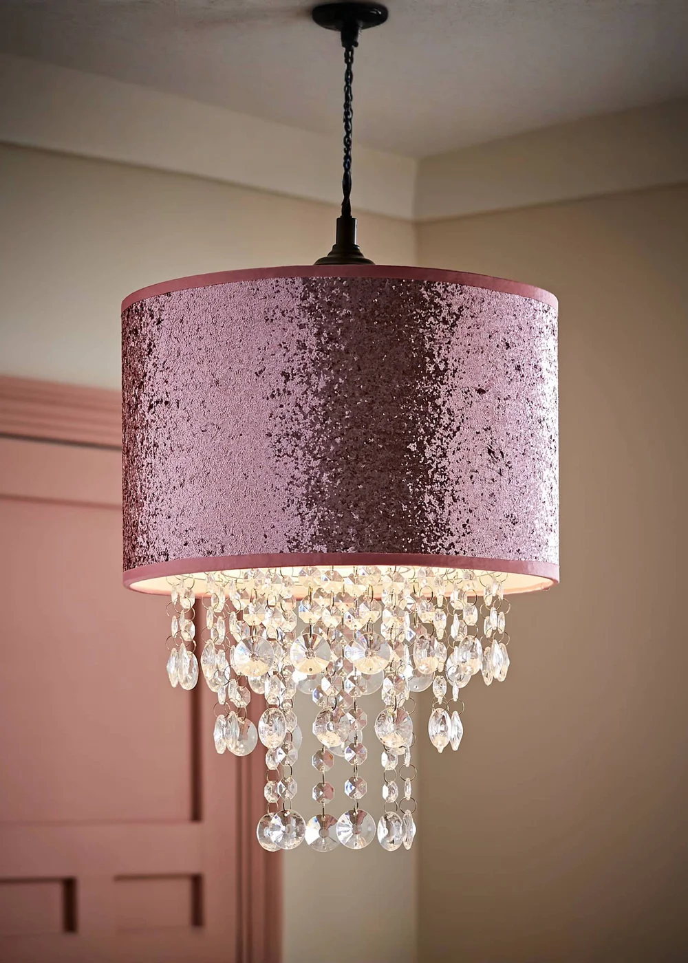 ValueLights Bonita Fabric Glitter Pink Drum Ceiling Pendant Shade (34cm x 28cm x 28cm) - One Size Image 1