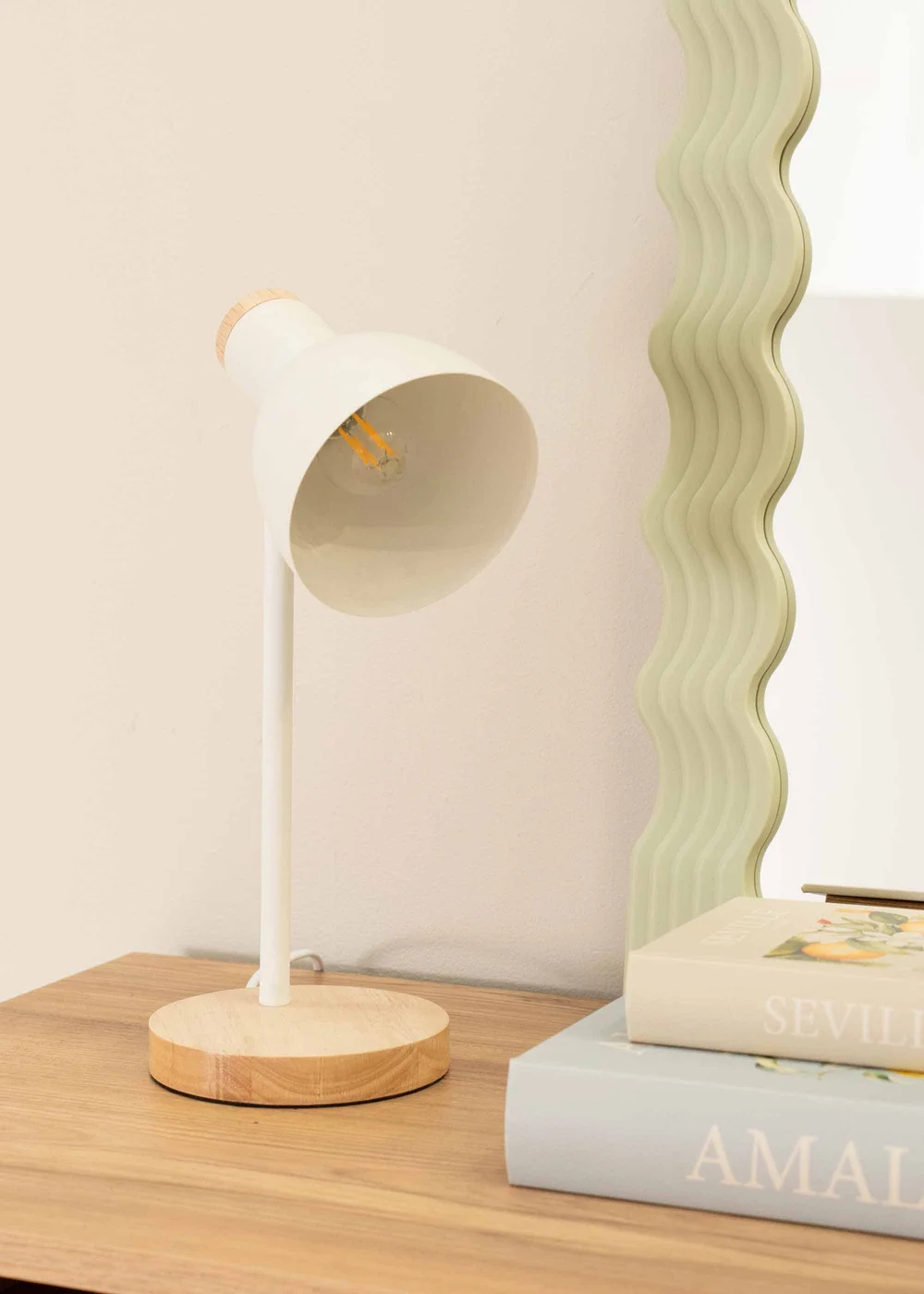 ValueLights Woody White Table Lamp with Tapered Shade (36cm x 19cm x 14cm) - One Size Image 1