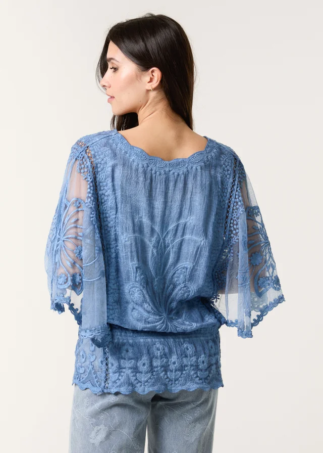 Blue Vanilla Denim Floral Lace Butterfly Sleeve Blouse