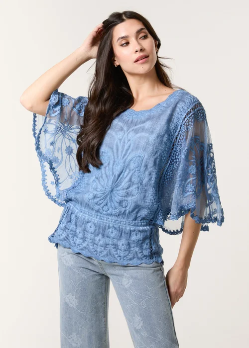 Blue Vanilla Denim Floral Lace Butterfly Sleeve Blouse - Small/Medium Image 1