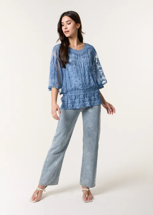 Blue Vanilla Denim Floral Lace Butterfly Sleeve Blouse - Small/Medium Image 3