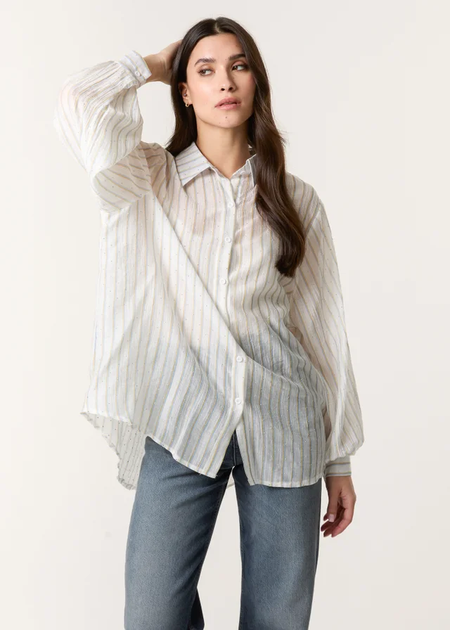 Blue Vanilla Blue Diamante Detailed Shirt With Vertical Stripes