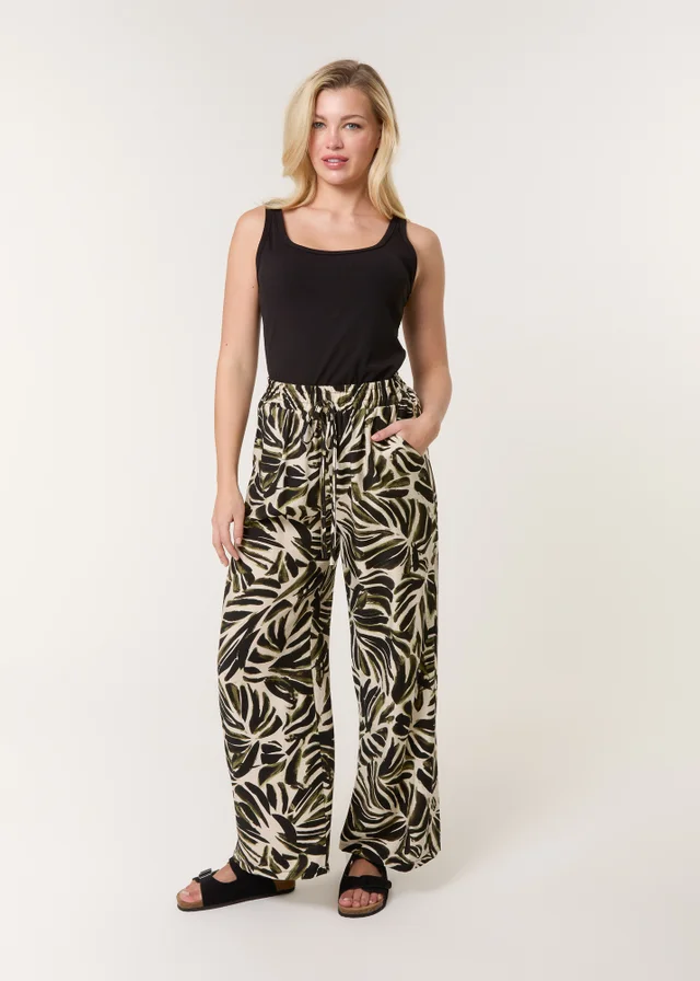 Blue Vanilla Khaki Palm Print Elastic Trousers