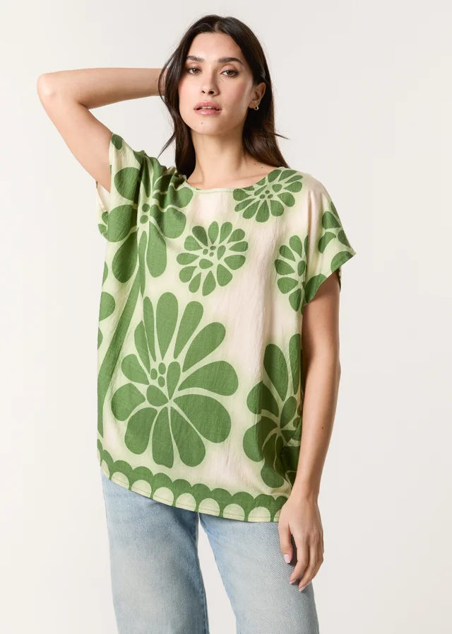 Blue Vanilla Khaki Round Neck Floral Top