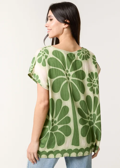 Blue Vanilla Khaki Round Neck Floral Top - Small Image 3