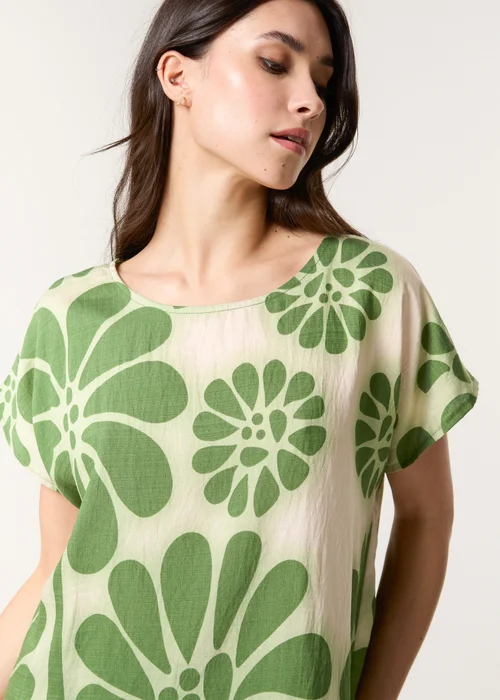 Blue Vanilla Khaki Round Neck Floral Top - Small Image 4