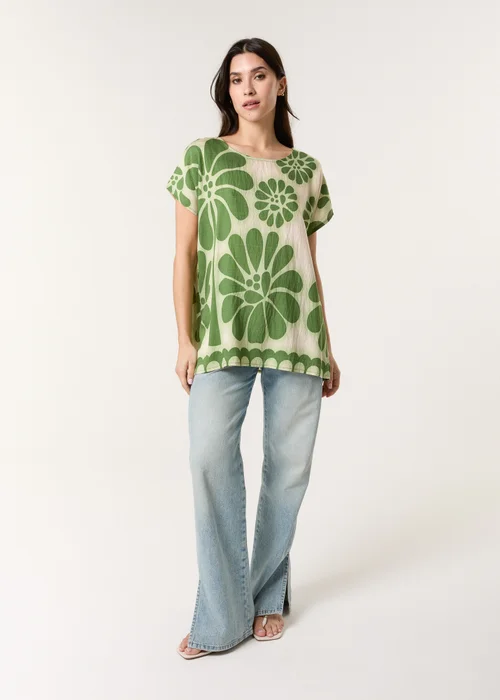 Blue Vanilla Khaki Round Neck Floral Top - Small Image 2