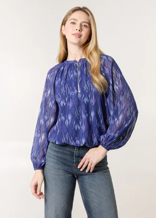 Blue Vanilla Navy Half Zip Puffball Blouse - Large Image 1