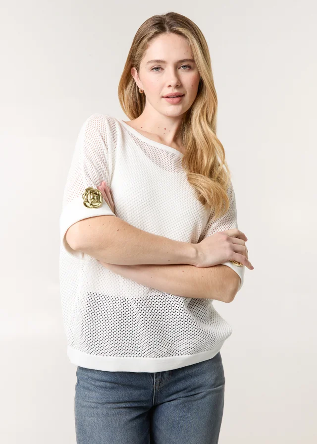 Blue Vanilla White Crochet Gold Flower Brooch Detailed Top