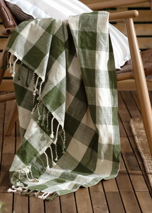Yard Dark Green Chesil Check Tasselled 100% Cotton Throw