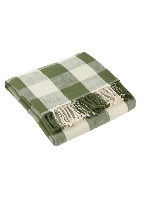 Yard Dark Green Chesil Check Tasselled 100% Cotton Throw - One Size Image 2