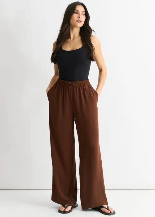 Gini London Brown Elasticated Waist Wide Leg Trousers - M/L Image 4