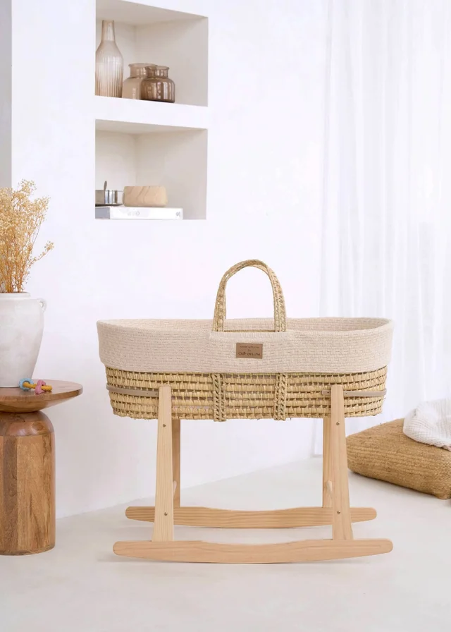 Clair de Lune Organic Cream Knitted Moses Basket With Natural Rocking Stand