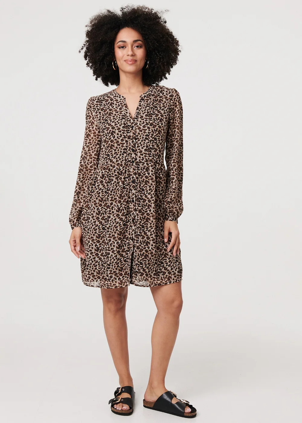 Izabel London Beige Animal Print Long Sleeve Midi Dress - 10 Image 1