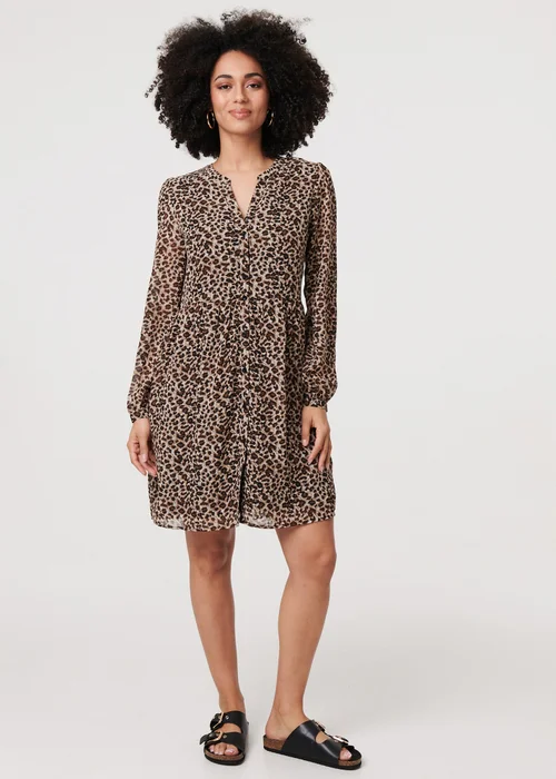 Izabel London Beige Animal Print Long Sleeve Midi Dress - 10 Image 1
