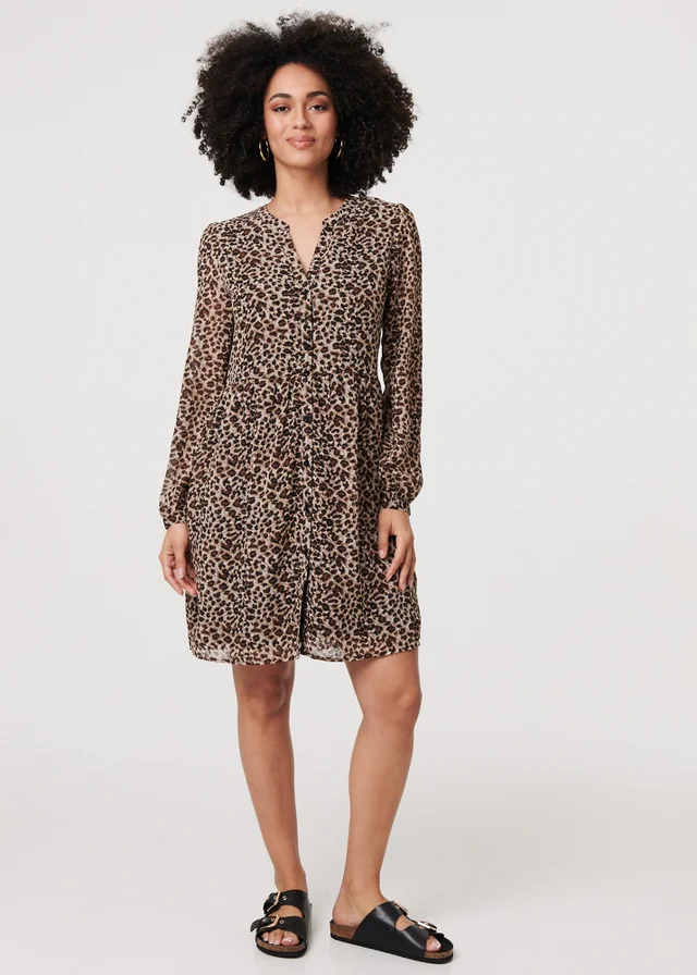 Izabel London Beige Animal Print Long Sleeve Midi Dress